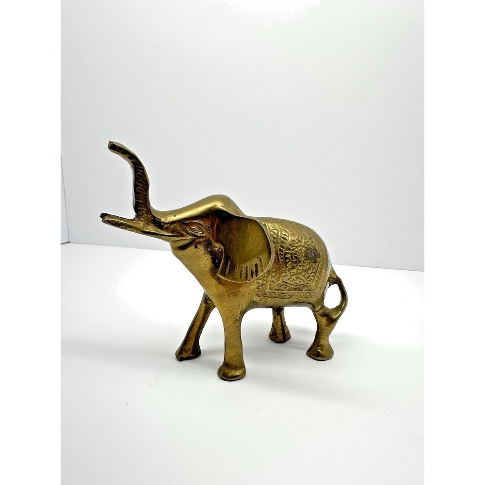 Vintage Brass Elephant Figurine Indian Etched Design 4x6.5 Solid Brass